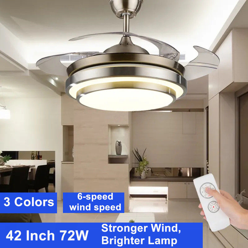 Modern 42Inch LED Ceiling Fan Light with Remote Control Integrated Big Size 3 Colors Lights 6 Speeds Changes Silent Chandelier Fan for Living Room Dining Bedroom Kitchen Easy Install